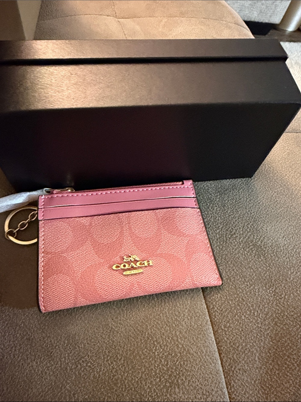 Coach Pink Signature Card Holder with Gold Logo and Key Ring